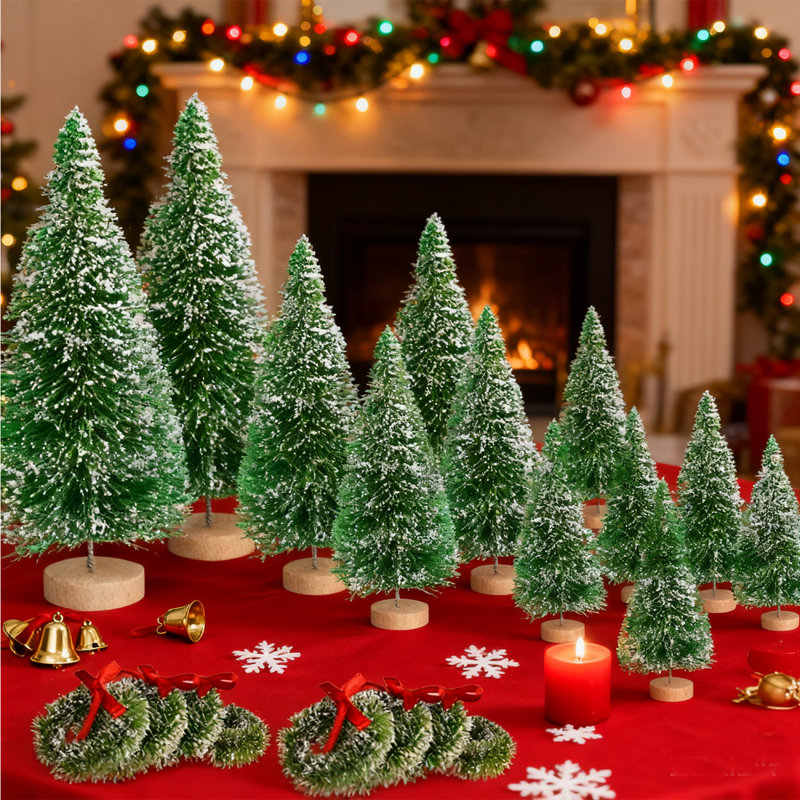 Mini arbre de Noël 12 pièces, table de base avec base en bois Mini arbre artificiel avec 4 tailles de sapin de table pour bouteilles de Noël