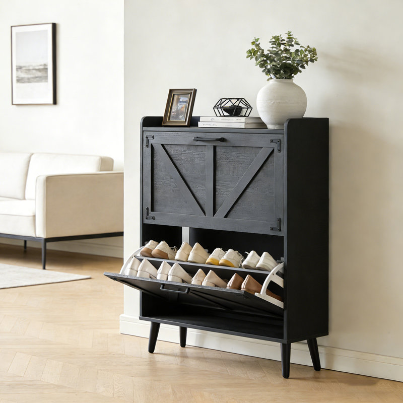 Farmhouse Hidden Shoe Cabinet With 2 Flip-Drawers, Black