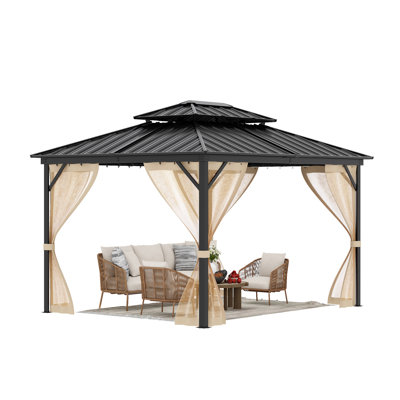 Pavillon de jardin à toit rigide 10 x 14 pi - Pavillon d'extérieur en aluminium avec double toit en métal, poteaux, moustiquaires et rideaux robustes - toutes saisons, structure en acier robuste - kaki, expédié en 3 colis