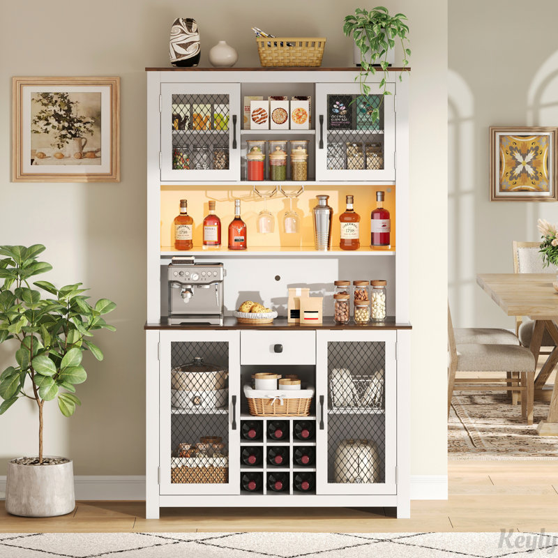 Armoire décorative avec DEL, armoire de rangement pour garde-manger avec portes et tablettes, Blanc