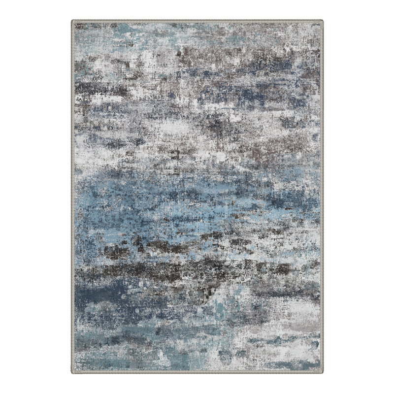 Comeau Aura Modern Abstract Machine Washable Blue / White / Black Indoor Area Rug with Non-Slip Backing, Rectangle 8' x 10'