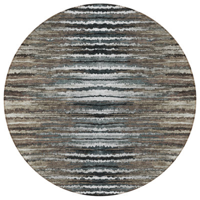 8' Brown Taupe And Chocolate Round Striped Washable Indoor Outdoor Area Rug