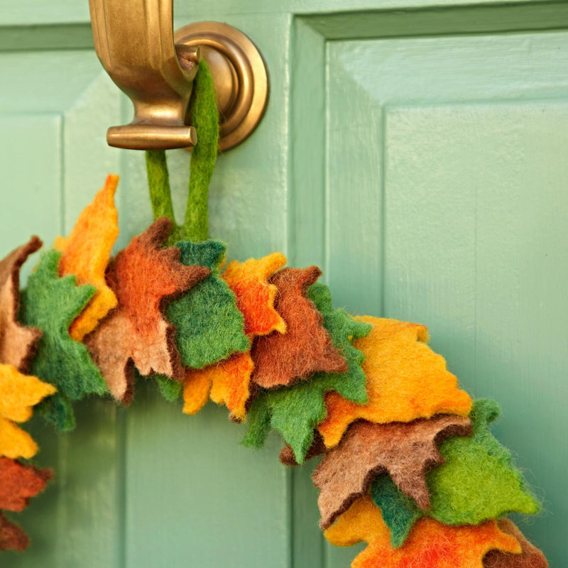 Wool / Felt Felt Wreath, 25 cm H x 25 cm W, Orange/Green/Brown/Yellow