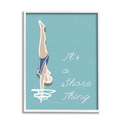 «It's A Shore Thing Natation Pun Woman Diving», estampe numérique encadrée de Jen Bucheli
