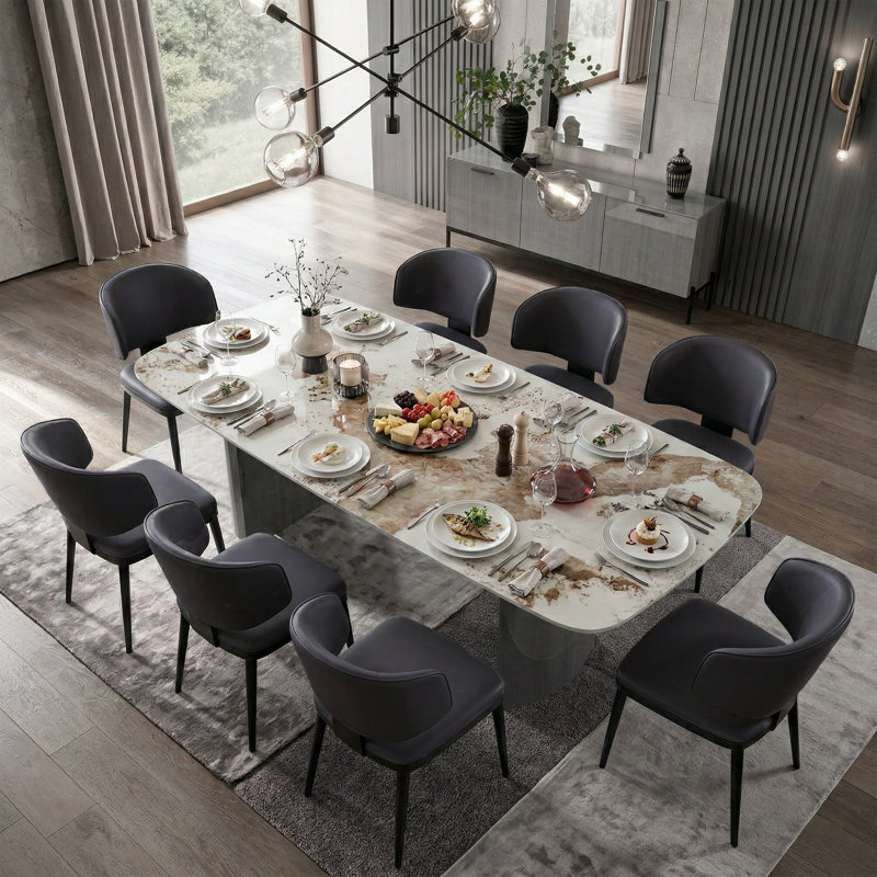 Hugette Modern 78.7" Sintered Stone Dining Table for 6-8 People, Large Rectangle Dining Room Table, Luxury White & Gray Kitchen Table with H-shape Stainless Steel Base (Table Only)