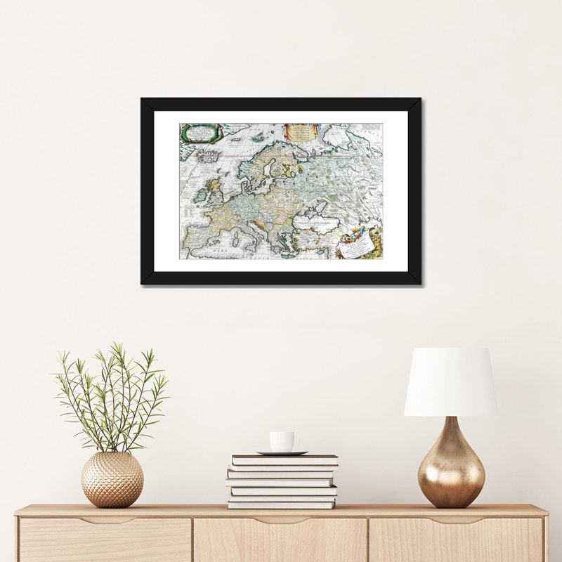 Carte antique de l'Europe, impression sur toile, H 16 po x l 24 po x P 1 po, Papier beaux-arts encadré noir, Blanc