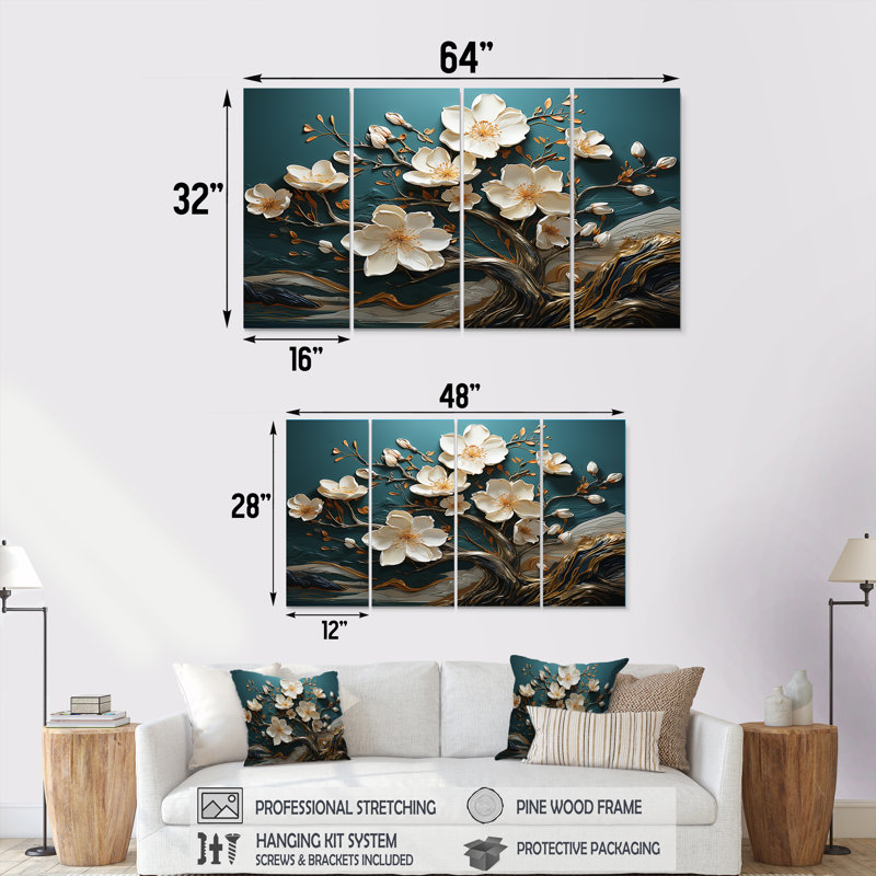 Art mural 4 pièces blanc et doré, H 32 po x l 64 po