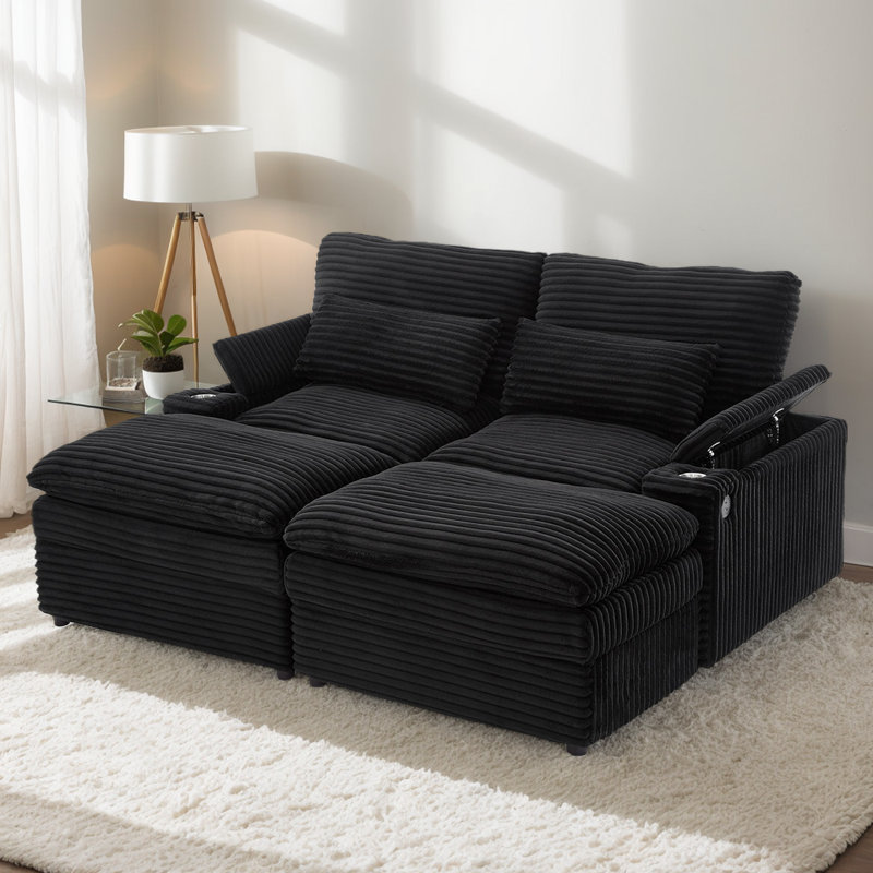 Canapé-lit modulaire en velours côtelé moelleux avec rangement intelligent, repose-pieds, ports USB et porte-gobelets