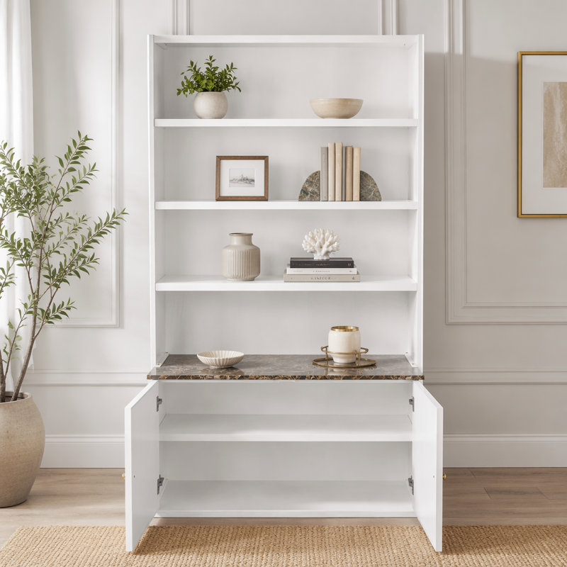 Bibliothèque de 91 po de hauteur avec portes cannelées et tablettes de présentation, White