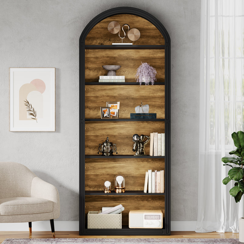 Tall Arched Bookcase, Black, 6 Shelves  (77.16" H x 31.5" W x 11.81" D)