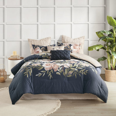 Édredon bleu marine 8 pièces - Style: 2 coussins décoratifs, taies décoratives et 1 jupe de lit - Rides lavables à la machine - Grands coussins brodés à imprimé floral