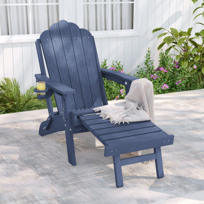 All-Weather HDPE Adirondack Chair with Ottoman, 3-Position Adjustable & Folding Fire Pit Chair with Cup Holder for Lawn, Deck, Poolside