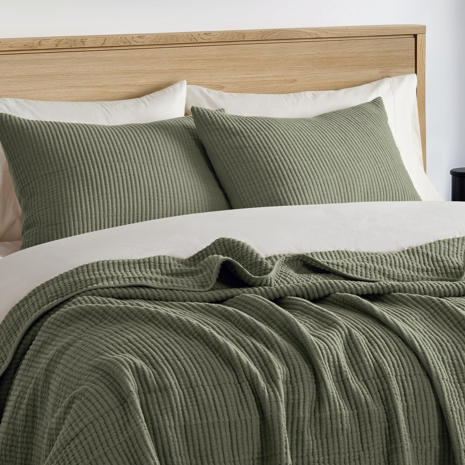 Ribbed Cotton Coverlet Set, King Quilt + 2 King Shams, Olive Green