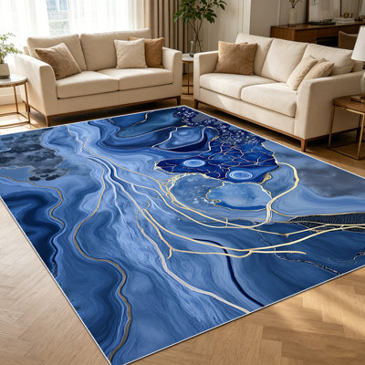 1PC navy blue gold foil abstract fluid marble agate area rugs for Living Room, Soft and Comfortable, Suitable for all seasons, easy-to-maintain, machine washable Indoor floor mat, Under Table Farmhouse suitable for dining room, bedroom, entryway,