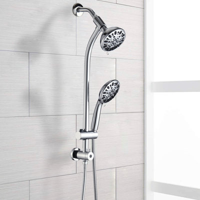 Douche à double tête - barre coulissante en acier inoxydable, 7 modèles de jet, fixation murale, débit de 1,8 gal / min, système de connexion 1/2 po, ABS