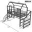 Lit mezzanine en métal avec glissade et escalier, structure silencieuse et tablettes de rangement avec toit de maison de jeu-589943617-589943618