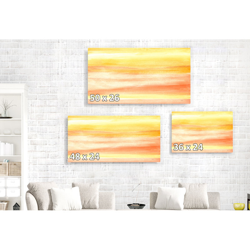 Aquarelle orange, jaune et or II, larges coups de pinceau, abstrait, H 24 po x l 48 po x P 1,5 po