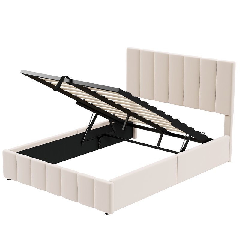Lit de rangement double rembourré en beige élégant avec hydraulique pour chambre à coucher