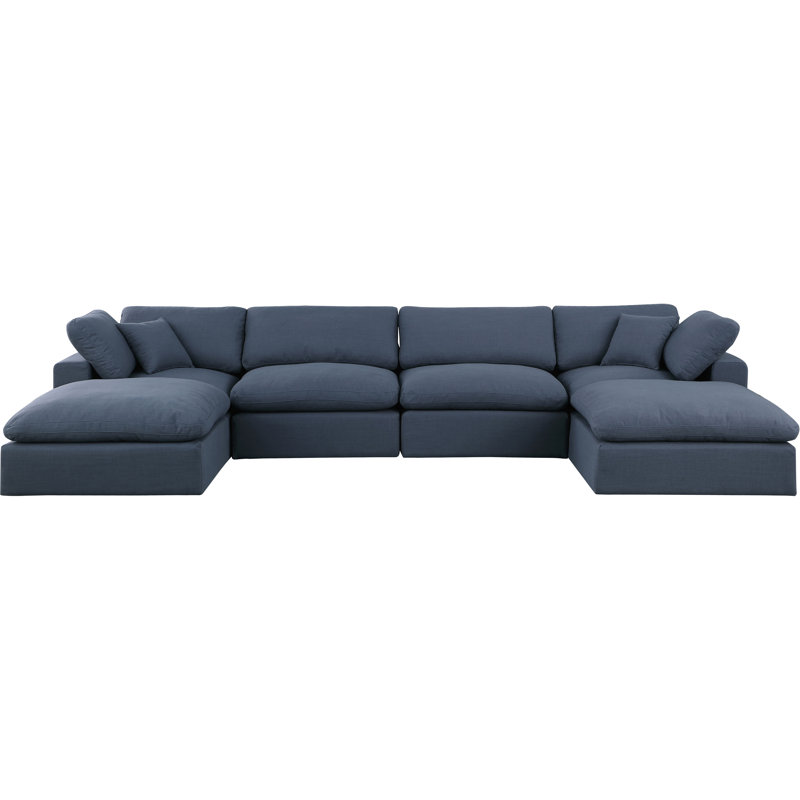Canapé modulaire 6 pièces rembourré, Tissu texturé en lin bleu marine