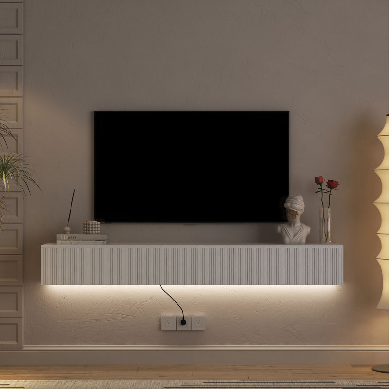 Meuble télé flottant fixé au mur avec 16 DEL de couleur, centre de divertissement moderne pour téléviseurs de 55 à 65 pouces, grand espace de rangement