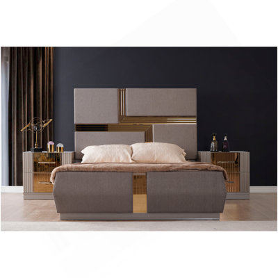 Lorenzo Gold Detailed Tufted Upholstery Queen Bed Made With Wood And Gold Accents In Gray