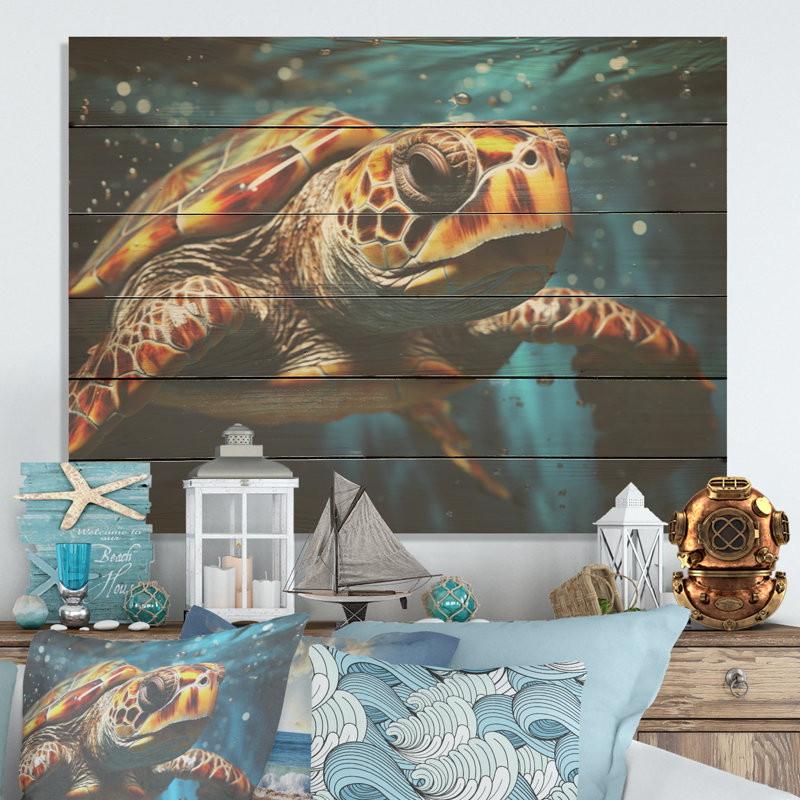 Abstract Representation Of A Turtles Swim Using - Turtle Wood Panel Wall Art On Natural Pine Wood, 10" H x 20" W