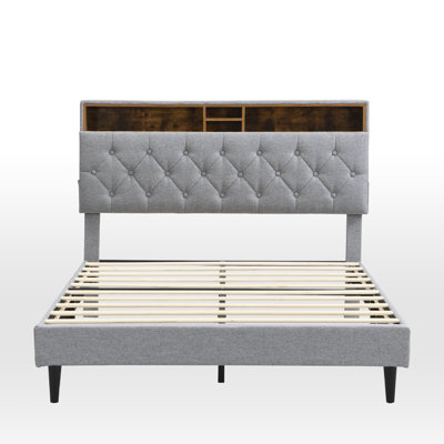 Tufted Upholstered Platform Bed With Convenient Charging Station And Storage Headboard