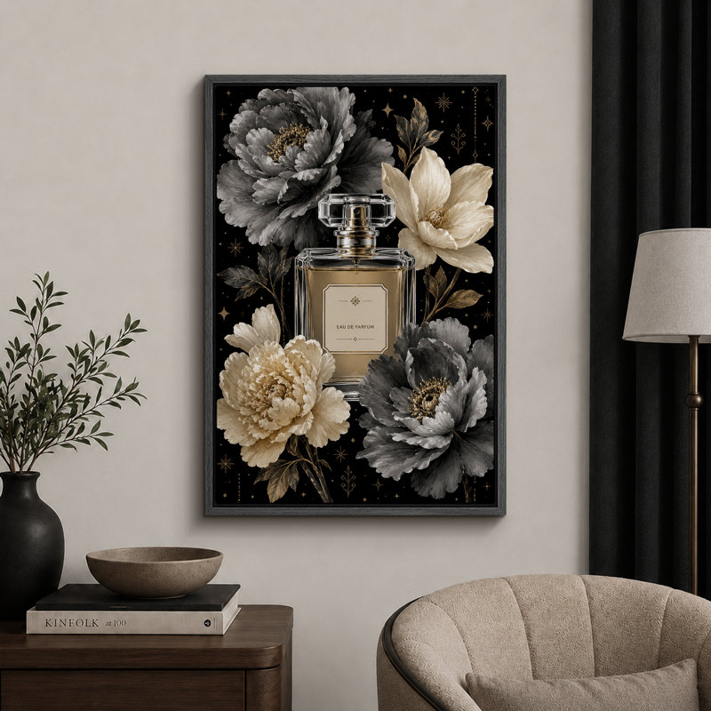 Bouteille de parfum noir doré avec des fleurs élégantes, images de chambre à coucher, impression sur toile encadrée
