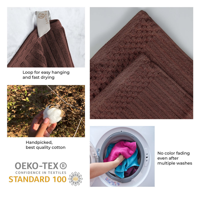 Kleiman Cotton Highly Absorbent Solid and Checkered Border Hand Towel Set, Brown