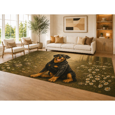 Large 6'7" x 9'10" Brown and Black Rottweiler Dog Area Rug for Living Room, Soft Low Pile Carpet with Non-Slip Silicone Backing, Decor for Bedroom Dining Room and Home Office
