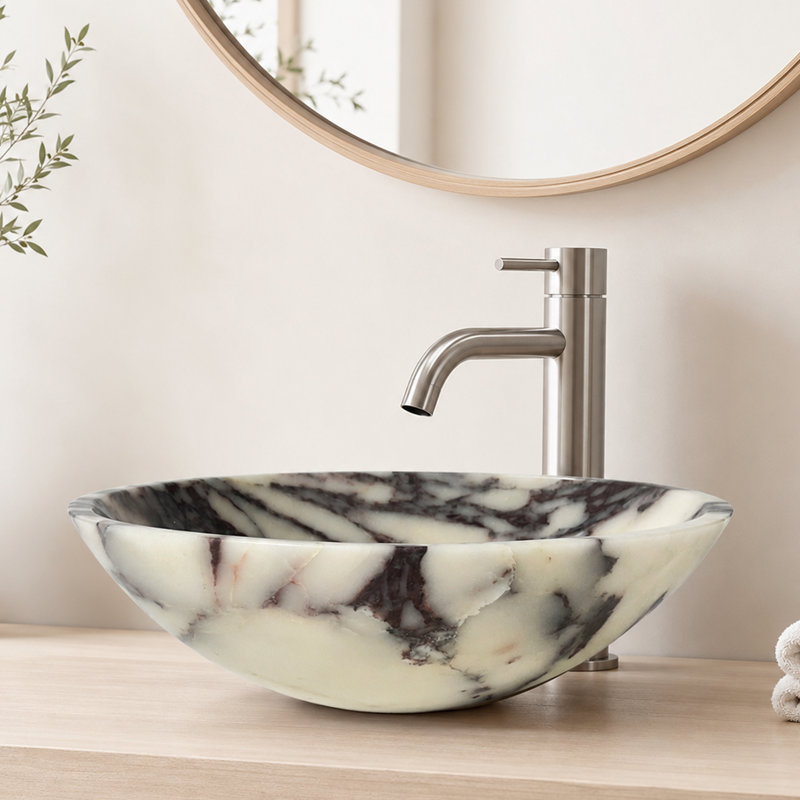 Calacatta Viola Marble Vessel Sink 17'' Round Natural Stone Bathroom Sink Handmade Vanity Basin