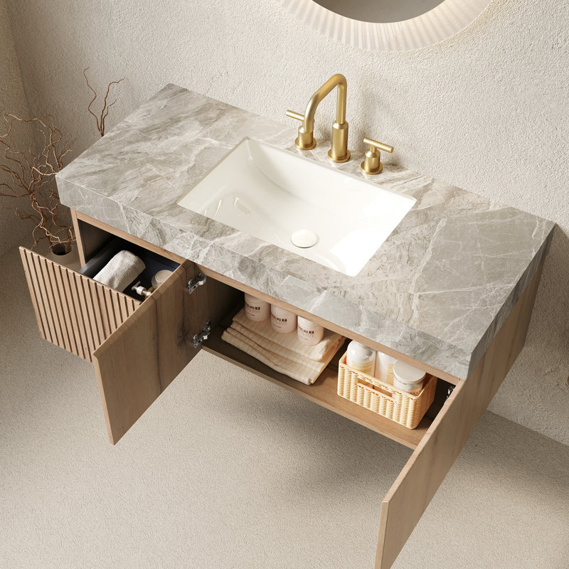 Muri 48" Bathroom Vanity&Sink, Floating Plywood Storage Cabinet With Drawer&Doors, Light Gray Sintered Stone Top&Ceramic Basin With 3 Pre-Drilled Faucet Holes, Pre-Assembled, White Oak Woodgrain Color
