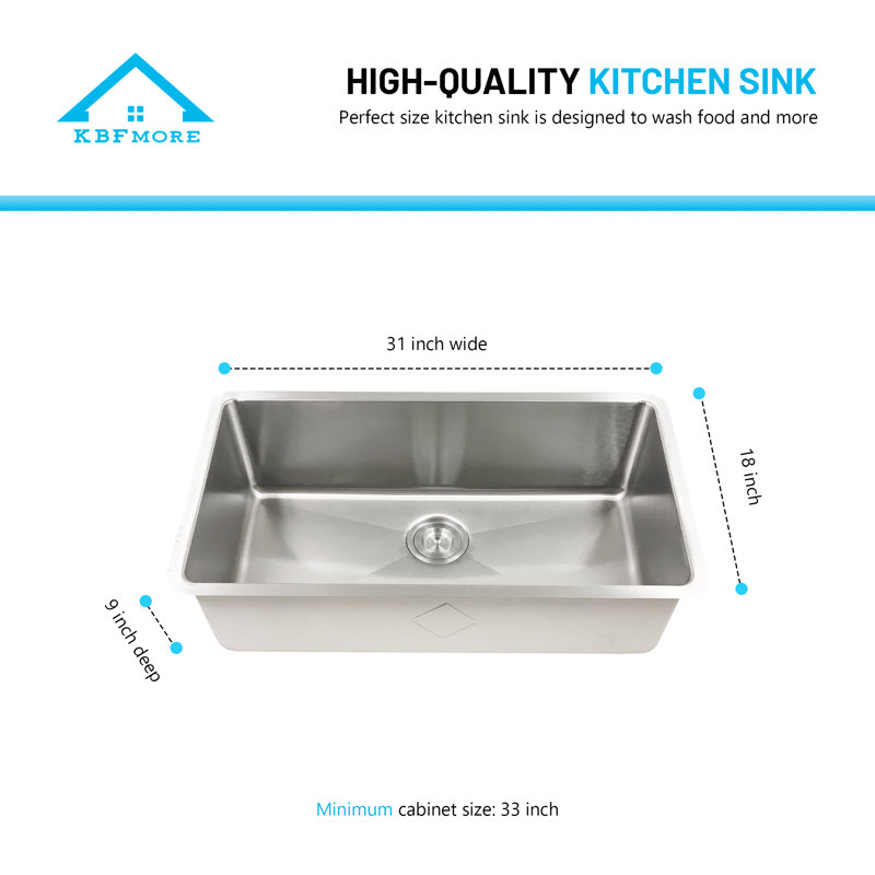 Évier de cuisine en acier inoxydable à simple cuve à extension étroite KBFmore, 2 pièces Gadgets, L 9 po x L 31 po x H 9 po