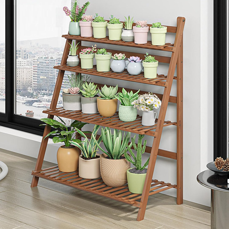 Support pour plante pliable à 4 niveaux en bambou - Présentoir intérieur / extérieur compact et durable, Brun