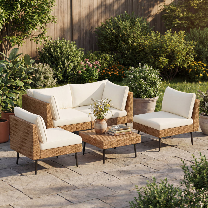 Ensemble de conversation modulaire en osier pour terrasse pour 4 personnes avec coussins