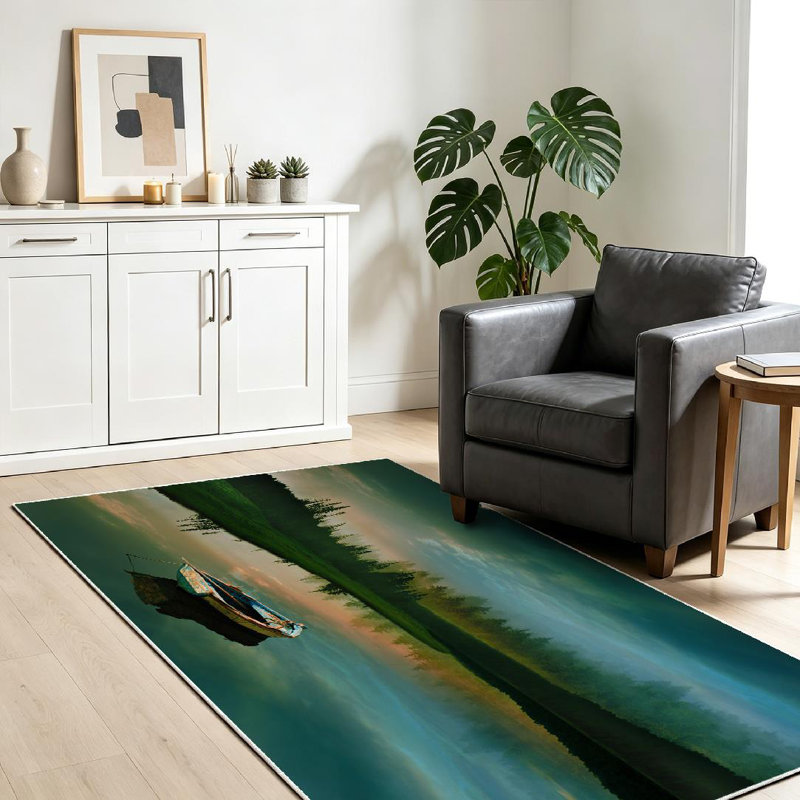 Blue Fishing Boat Calm Lake Landscape Beautiful Machine Washable Indoor Area Rug, Rectangle 39" x 63"