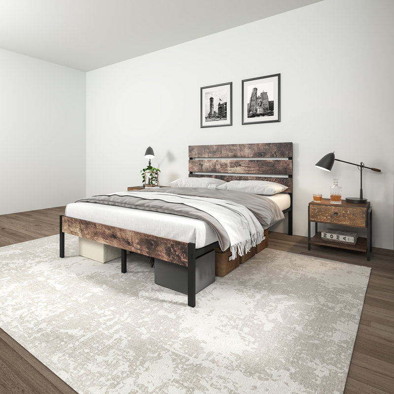Metal Platform Bed Frame With Wooden Headboard,And Footboardno Box Spring Needed , Queen