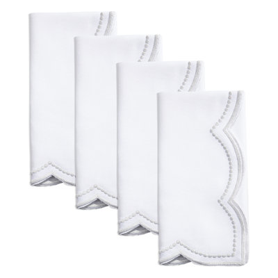 Silver Embroidered Polka Dot Scallop Border Cloth Napkins 20" W X 20" L, Set Of 4
