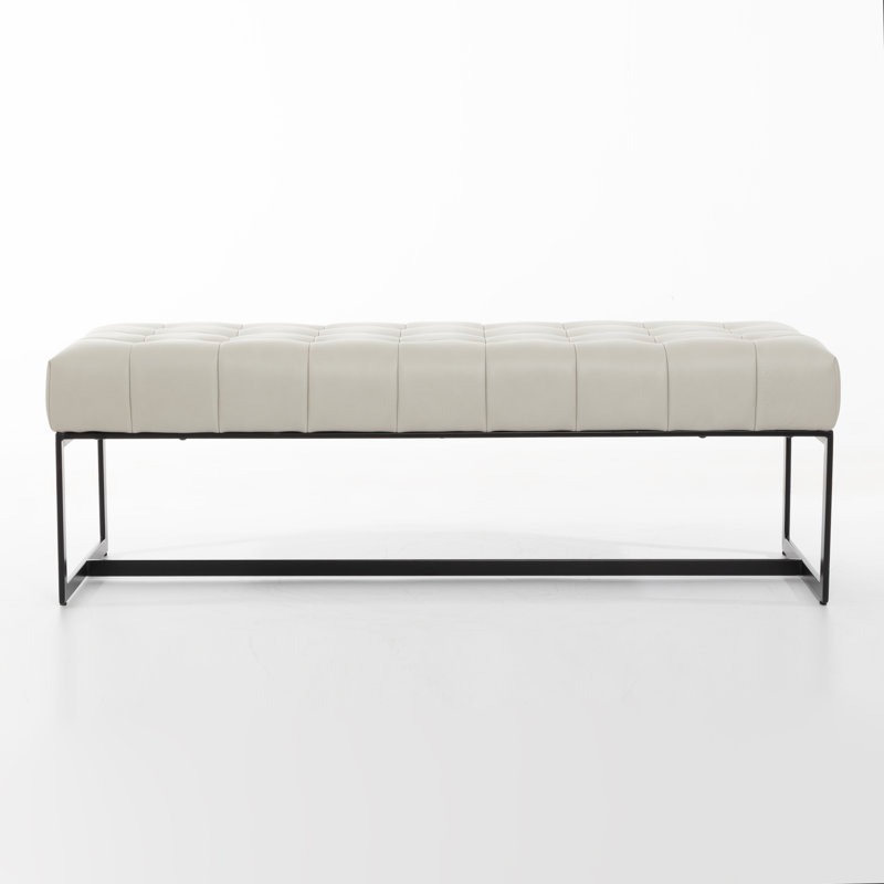 Owen 51" Wide Tufted Iron Frame Genuine Leather Bench, White