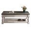 Table basse relevable, 3 plateaux de rangement dissimulés, construction en bois massif, gris antique et blanc vieilli, deux niveaux pour un salon spacieux et lumineux