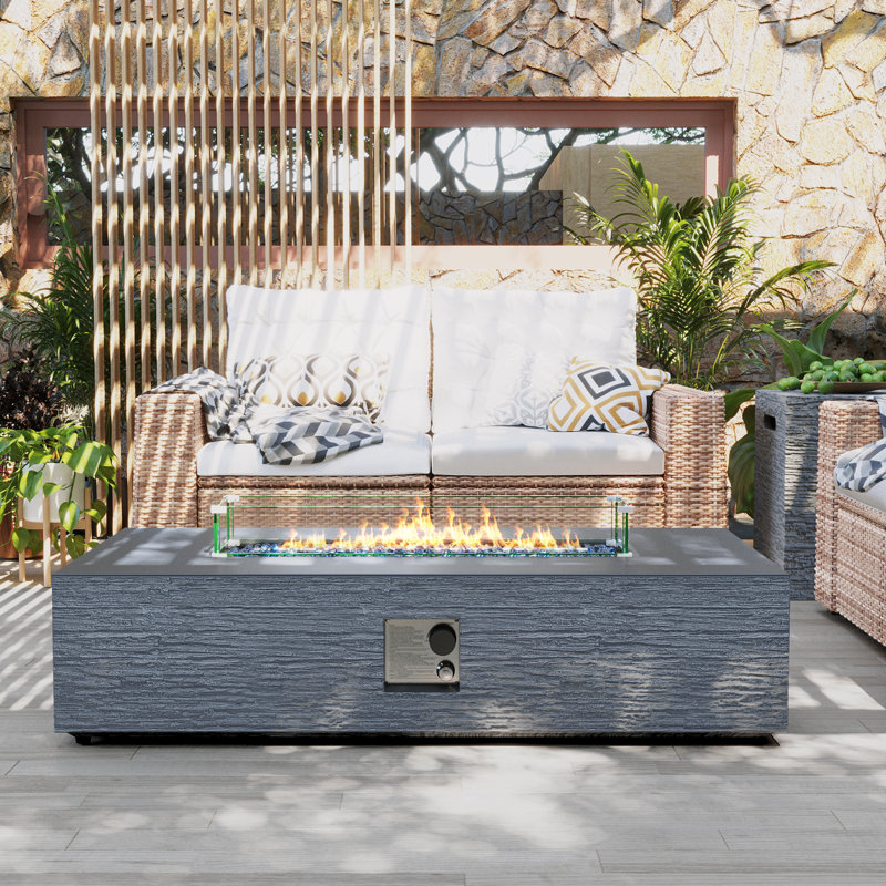  56" Rectangular Outdoor Magnesium Oxide Fire Pit Table with Gas Tank Cover, Wind guard, Dark Gray, Twilight Gray