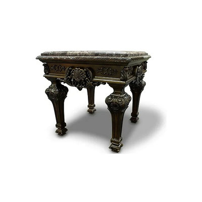 Solid Wood Traditional End Table With Marble Top, Hand Carved Sofa Side Table