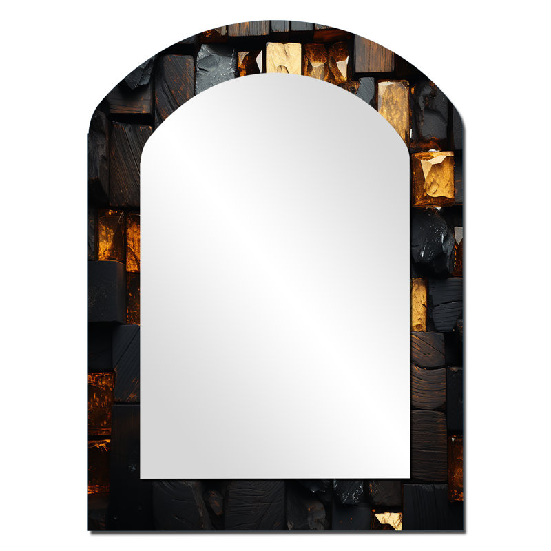 Grunge Gold Cubes Abstract Geometric III - Geometric Arch Unique Wall Mirror, Modern Asymmetrical Mirror, Printed Metal Art