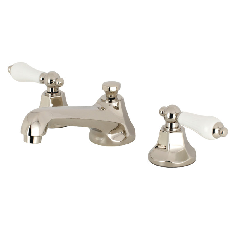 Kingston Brass Metropolitan Two-Handle 3-Hole Deck Mount Widespread Bathroom Faucet with Brass Pop-Up Drain, Polished Nickel