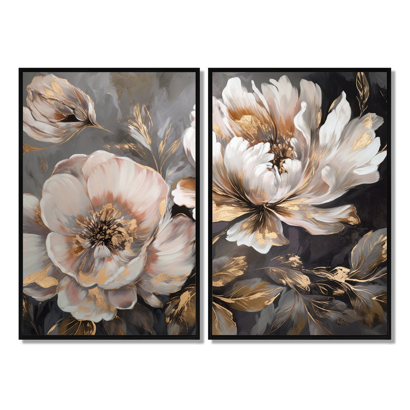 Pivoine blanche et grise en mouvement IV - décoration murale moderne, H 36 po x l 48 po, Noir