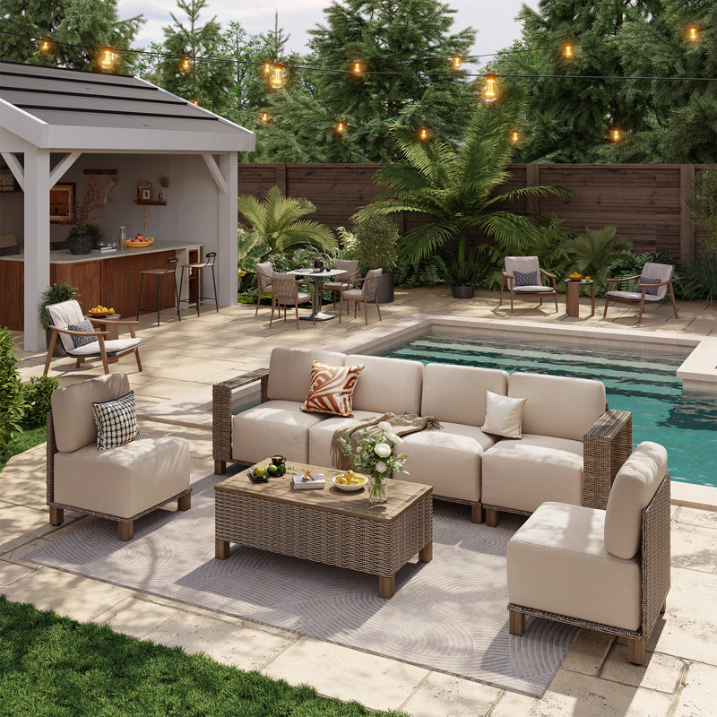Canapé d'angle modulaire de 7 pièces pour terrasse avec coussins de 25 cm et résine tressée de première qualité, Beige