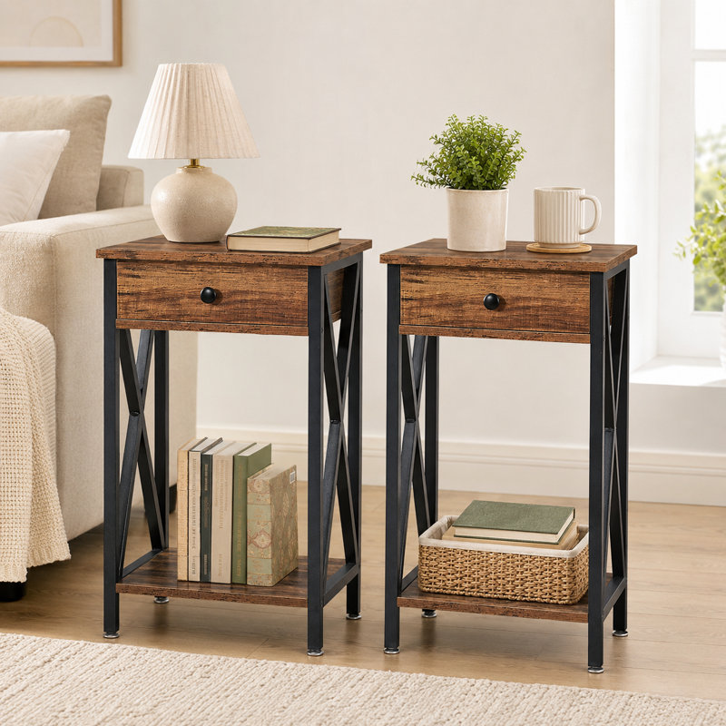 Ensemble de 2 tables de bout étroites avec tiroir et tablette de rangement, tables d'appoint hautes avec structure en métal, tables de canapé en panneau de fibres à densité moyenne pour salon, chambre à coucher, petit espace