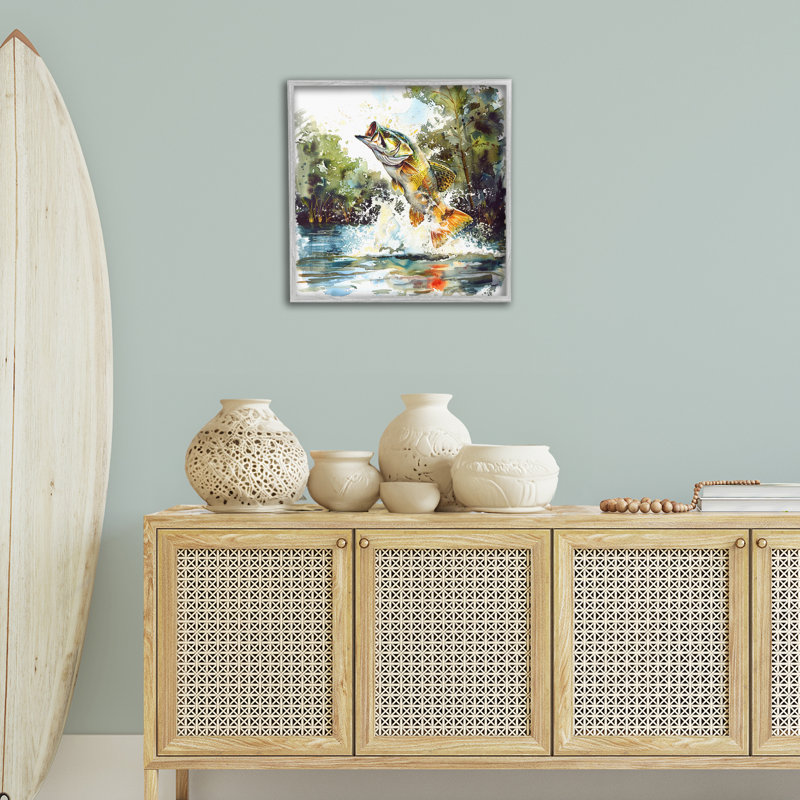 Fish Jumping Splash Giclee Art by LSR Design Studio, 24'' H x 24'' W, Farmhouse Gray Framed Giclee