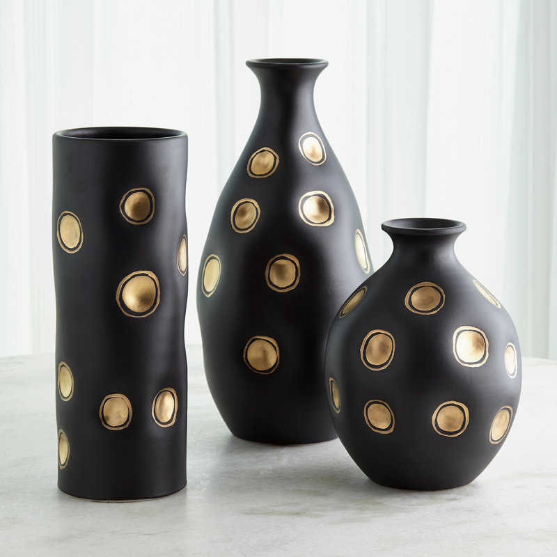 Dimples Handmade Ceramic Table Vase, Black/Gold