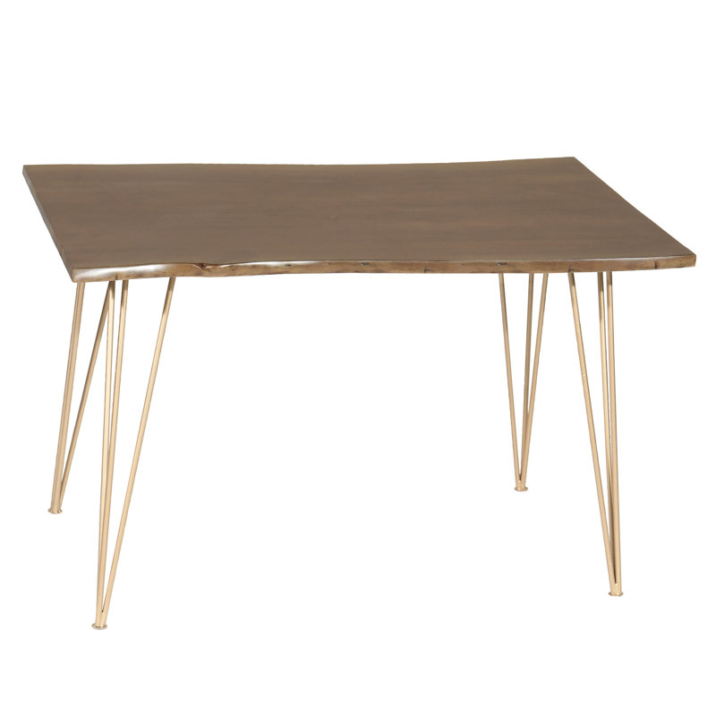  Table de salle à manger 48 "en bois massif brun et doré et fer, Bois brun foncé / or